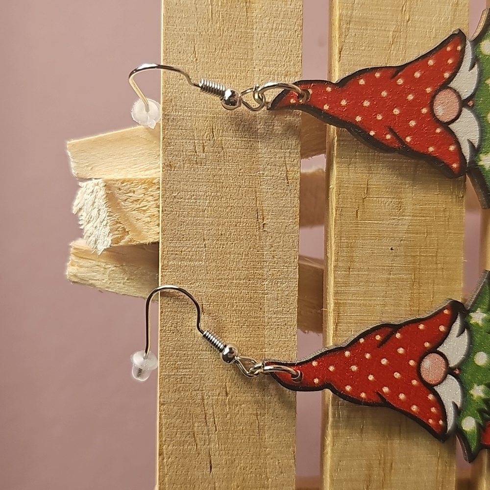 Wooden Festive Gnome Christmas Tree Earrings - Picture 3 of 3